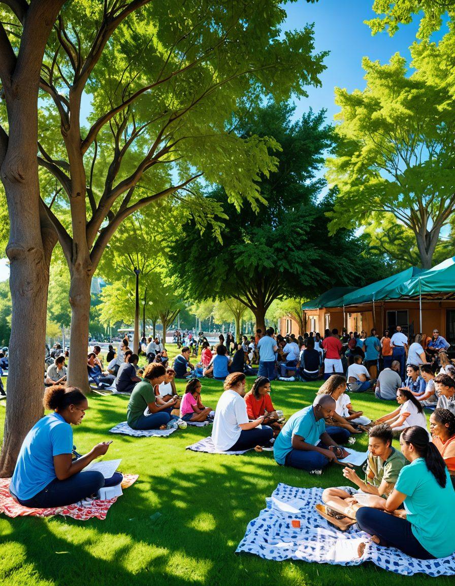 A diverse group of people collaborating in a community park, engaged in various outreach activities like planting trees, holding a community meeting, and distributing flyers. The backdrop features a colorful mural symbolizing unity and diversity. Bright sunlight filters through the leaves, casting beautiful shadows. Emphasize an atmosphere of collaboration, warmth, and inclusivity. vibrant colors. super-realistic.
