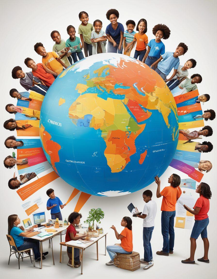 A collage of diverse nonprofit organizations in action: passionate volunteers working together, community events, children receiving aid, and environmental conservation activities. Incorporate flowcharts and graphs symbolizing insights and data analysis. The background features a globe, representing global reach and impact. Warm and inviting colors to evoke a sense of community and hope. super-realistic. vibrant colors. white background.