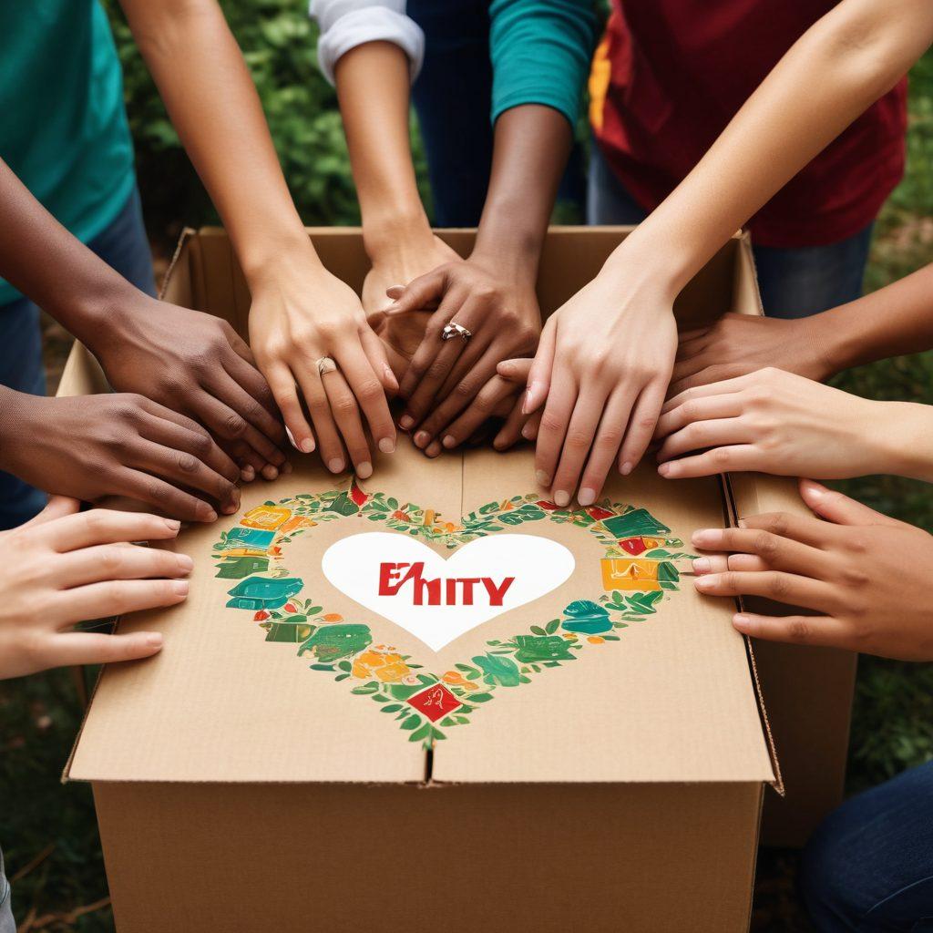 A diverse group of individuals collaborating in a community setting, surrounded by symbols of nonprofit work such as donations, volunteer efforts, and educational resources. The scene is vibrant, showcasing unity and empowerment, with visual elements like hands coming together and a heart symbol in the background. Bright and uplifting colors to evoke a sense of hope and progress. super-realistic. vibrant colors.